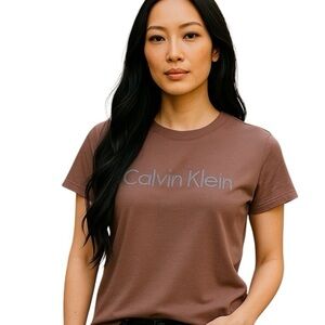 New Calvin Klein Rosewood Logo Tee Iridescent Glitter Script Soft Stretch Tan M